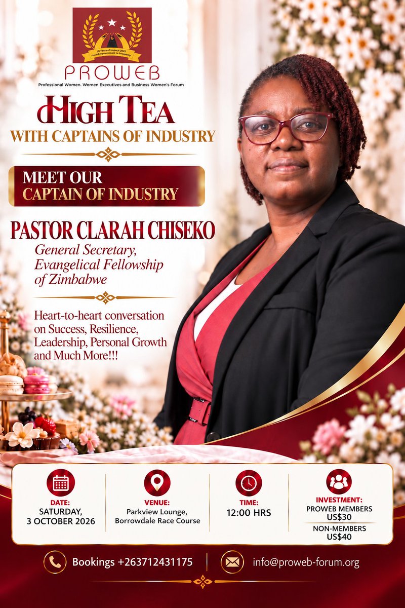 PROWEB2005's tweet photo. ✨ Introducing Another of Our Captains of Industry

Pastor Clarah Chiseko, General Secretary, Evangelical Fellowship of Zimbabwe

✨ Be in the room. Hear the journey. Take away the lessons.

📌 Register now: https://t.co/k6taUfsREV

📞 +263 712 431 175 |  info@proweb-forum.org https://t.co/Zk1tv3Lh4u