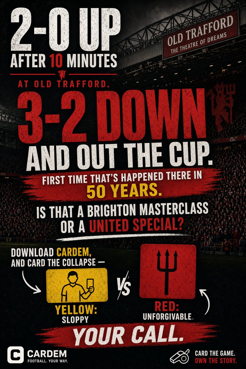 CardemLtd's tweet photo. Is this on Carrick, the defence, or just Brighton being Brighton?

https://t.co/h7PlKfDh0V

Download Cardem and issue your Yellow or Red on United’s collapse — and Brighton’s comeback.

#MUFC #ManUtd #Brighton #BHFC #CarabaoCup #EFLCup #OldTrafford #Carrick #SheaLacey #MasonMount #Football #PremierLeague #Cardem #YellowCard #RedCard
