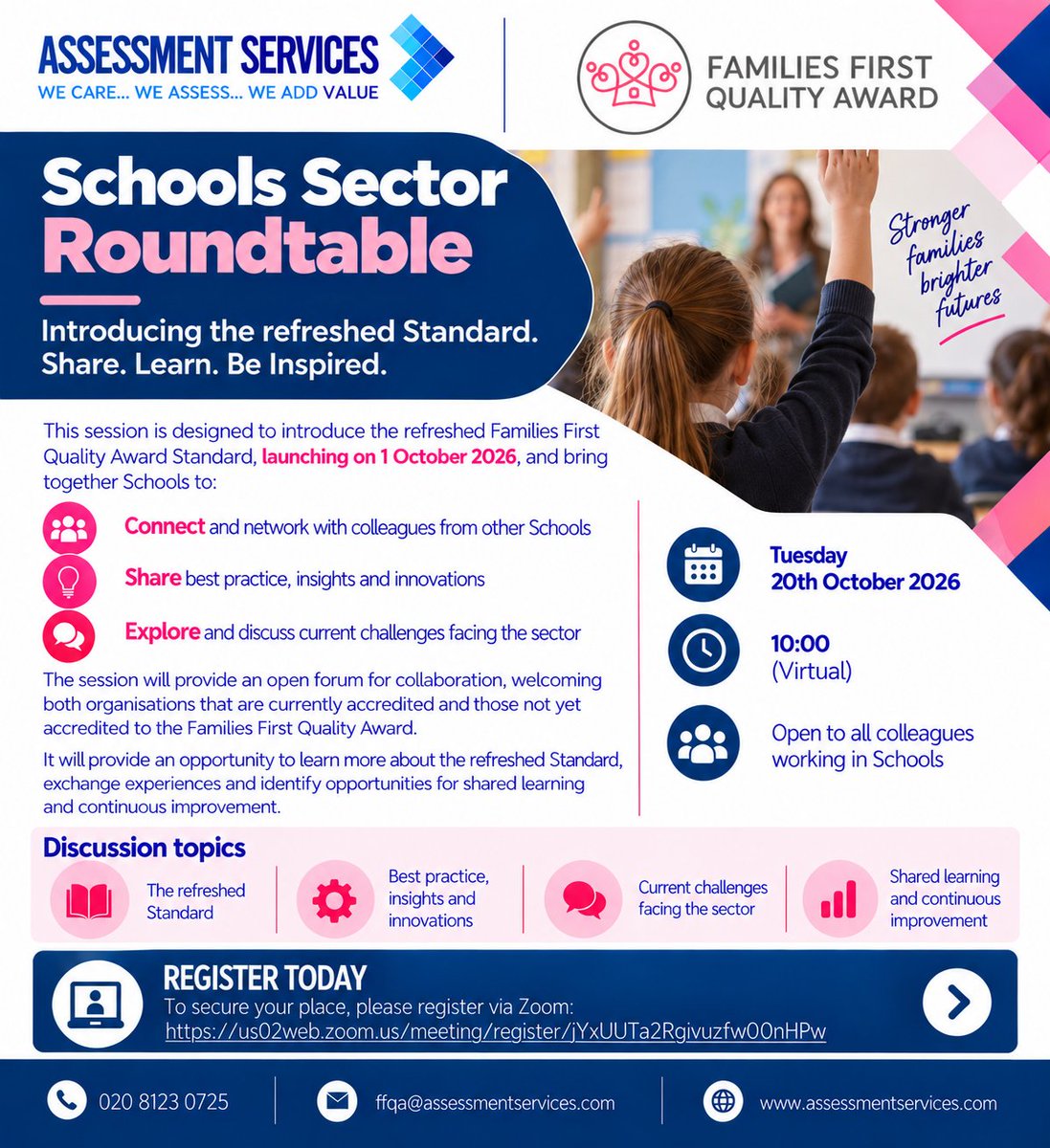 assessmentserve's tweet photo. 📢 Families First Quality Award – Schools Roundtable
Register to attend using the link below 👇
https://t.co/PRtYRlYkUT
#FamiliesFirstQualityAward #FFQA #Schools #Education #BestPractice #ContinuousImprovement #Networking https://t.co/gkj1ivOC9U