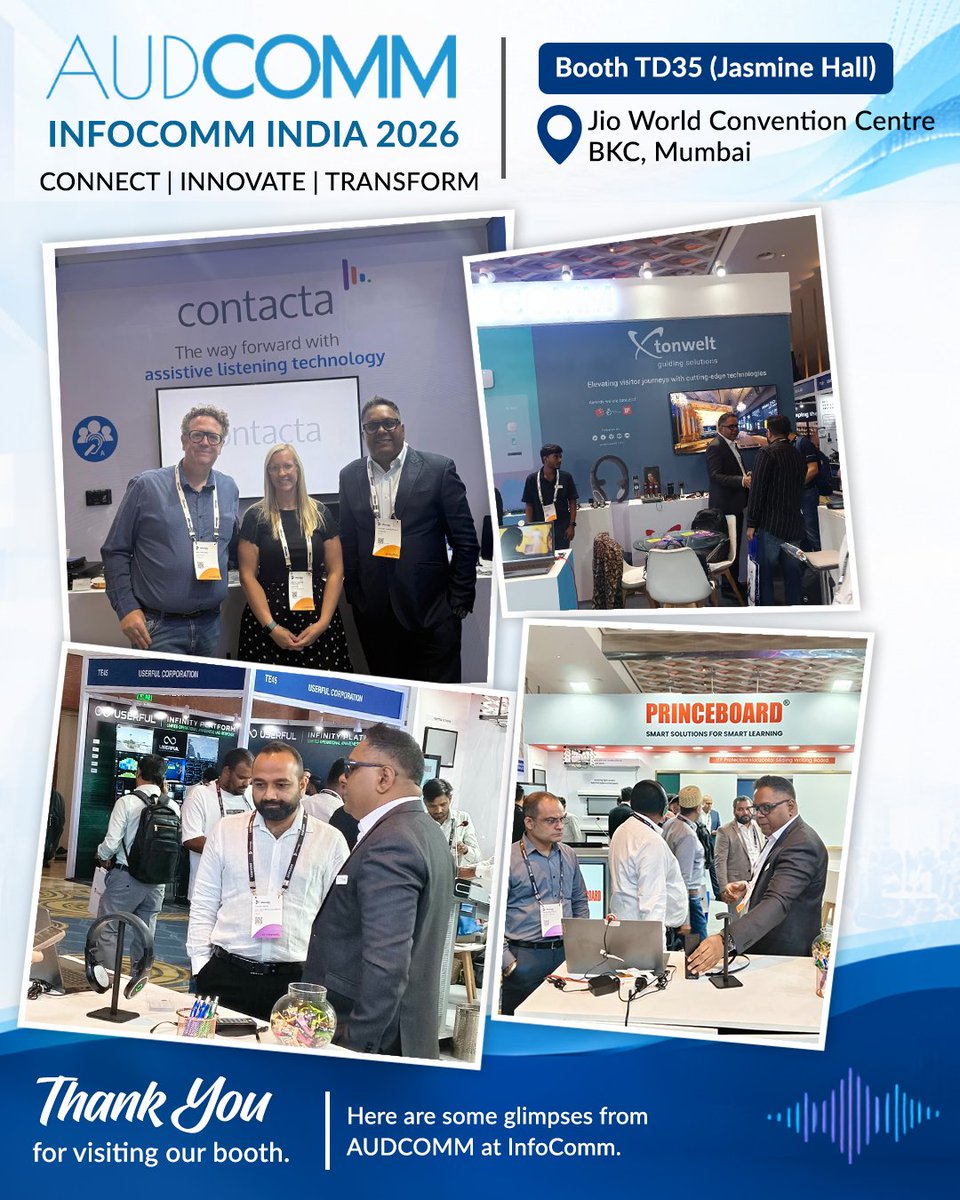 audcomm's tweet photo. Thank you to everyone who visited the AUDCOMM booth at InfoComm India 2026 and took the time to connect, explore, and experience.

Visit: https://t.co/NrolmVPkCG

#audcomm #infocommindia2026 #ImmersiveAudio #assistivelistening #audiosolutions #audiotechnology #professionalAudio https://t.co/1FKOqvN9Rm