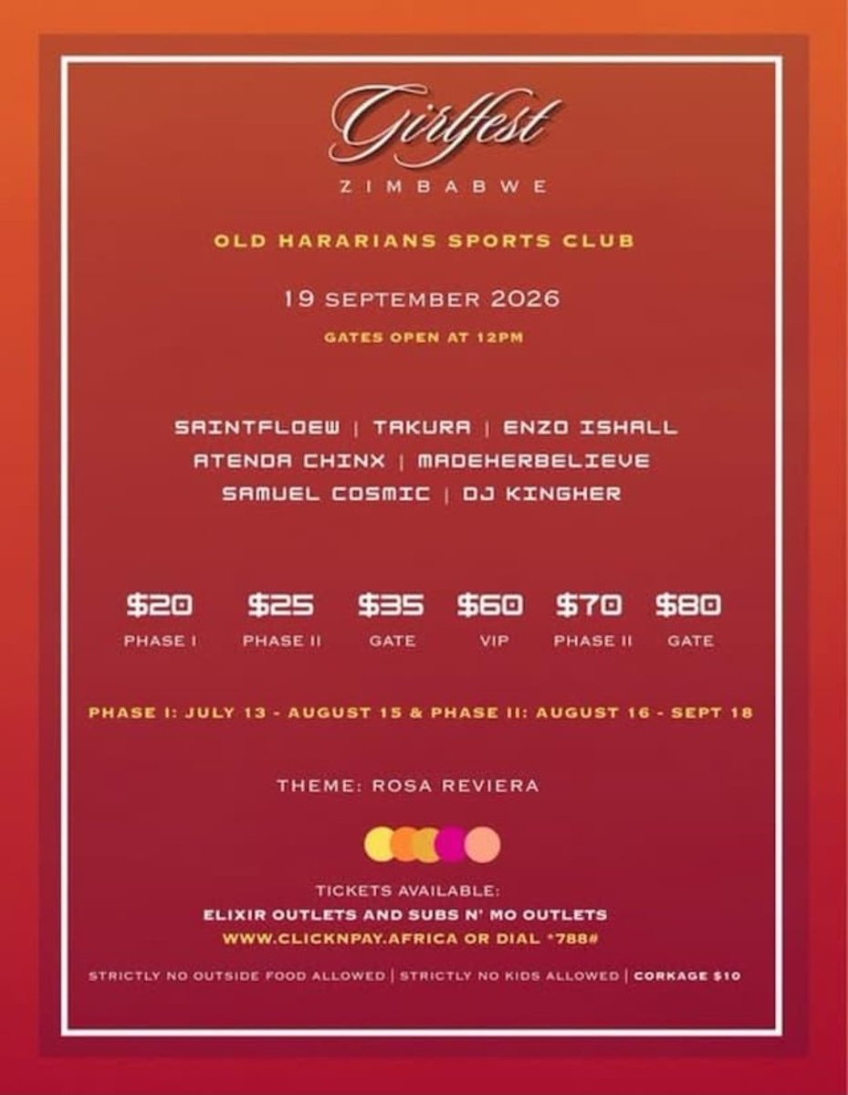 MandipaChiwara's tweet photo. @GirlfestZW weekend is officially loading .
what are the girlies wearing because the outfit planning has officially become serious.....
GirlFest is this Saturday at Old Hararians. https://t.co/LHuNLgM2qj