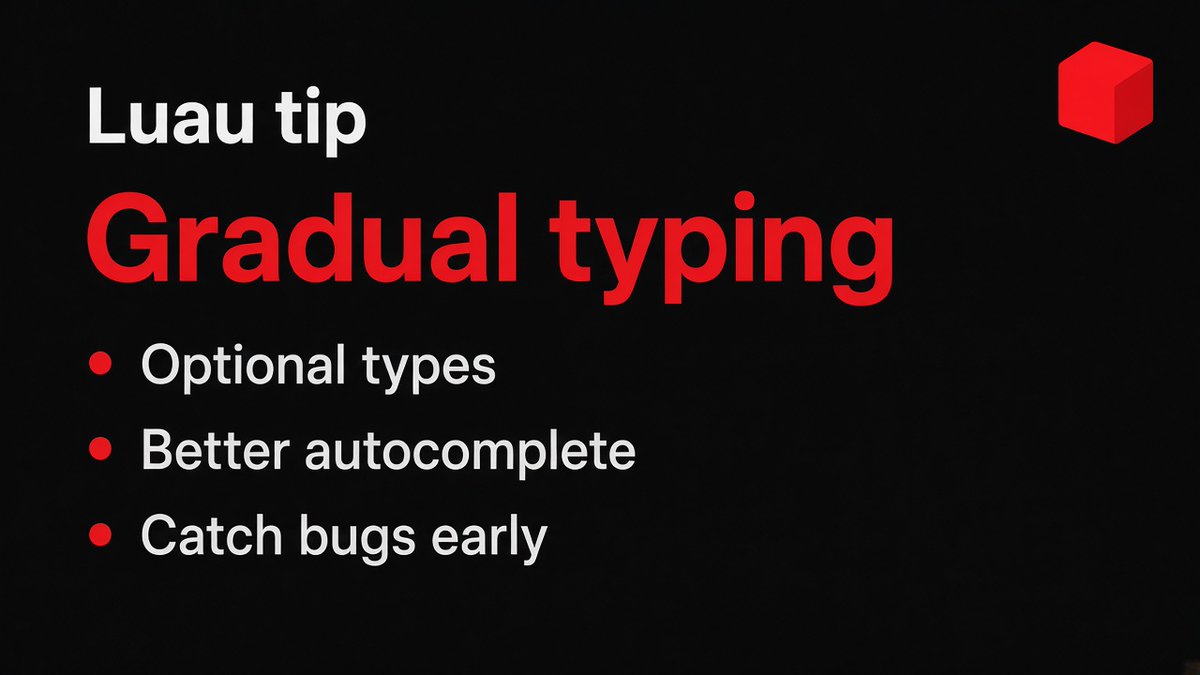 devlhub's tweet photo. Fact: Luau has gradual typing
You can add types where they help, without rewriting everything at once.
More creator tools: https://t.co/VfSYYNKXBk
Ask in Discord: https://t.co/mNVC8MNnxZ
#Luau #RobloxStudio #Scripting https://t.co/HVYXUKZToB
