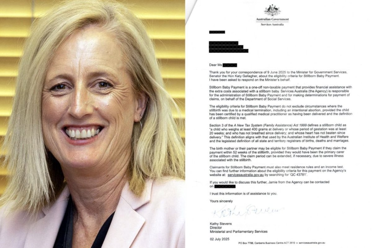 k_mahlburg's tweet photo. This story broke over a year ago but almost nobody heard about it and there have been zero consequences.

Centrelink pays $4,327 to Australian women who abort their unborn babies after 20 weeks.

A leaked letter from Senator Katy Gallagher's office confirms it.

"The eligibility criteria for Stillborn Baby Payment do not exclude circumstances where the stillbirth was due to a medical termination, including an intentional abortion," a senior executive wrote on Gallagher's behalf.

Gallagher oversees the payment twice over — as Minister for Government Services and Minister for Women in the Albanese government.

She's also a member of EMILY's List, the pro-abortion group that backed her Senate run and required a pro-abortion pledge in return.

Most late-term abortions in Australia involve an injection of potassium chloride into the baby's beating heart. This is a procedure so painful that inmates on death row in the US have to be sedated and given painkillers first. But not for Australian babies. The mother then goes into labour and the baby is delivered dead.

This procedure satisfies the clinical definition of stillbirth — hence the letter from Gallagher's office.

Dr Joanna Howe, who obtained the letter, called it definitive proof "confirming that Labor pays for an intentional abortion."

"A woman who has an intentional abortion — or even a man who forces a woman to have an intentional abortion — the Labor government will pay them $4,200."

"It's a dead baby bonus for late-term abortions, paid for by all of us."

In South Australia, late-term abortions rose 380 per cent between 2022 and 2024. 105 babies died. Only one abortion was to save the mother's life. 79 killed otherwise healthy babies.

The national media still hasn't touched this story.

When will they do their job?