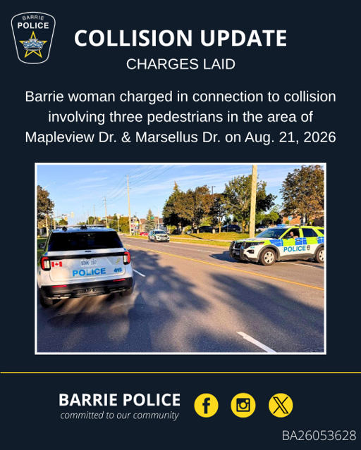 BarriePolice's tweet photo. UPDATE: Members with the Barrie Police Traffic Unit have charged a driver involved in a serious collision involving three pedestrians on Mapleview Drive West in August.
MEDIA RELEASE: https://t.co/dWtq6pkrTz
#BarriePolice #BPSInvestigation #RoadSafety #BA26053628 https://t.co/ddgP75EUH2