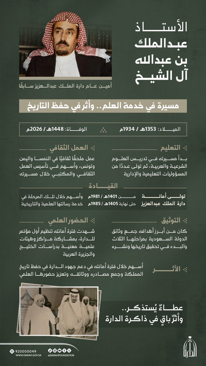 Darahfoundation's tweet photo. استذكارًا لمسيرة حافلة بالعطاء، تستعرض #دارة_الملك_عبدالعزيز جانبًا من سيرة أمينها السابق الأستاذ عبدالملك بن عبدالله آل الشيخ -رحمه الله-، وإسهاماته خلال فترة عمله في خدمة التاريخ وتعزيز الحضور العلمي للدارة. https://t.co/6OkPaDBqy1