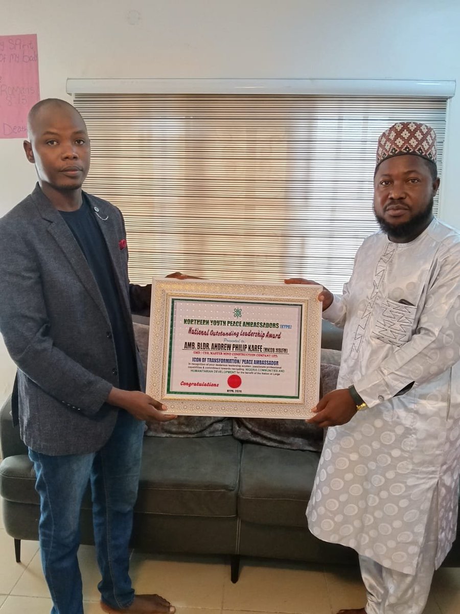 KarfeAndrew's tweet photo. A MOMENT OF RECOGNITION, GRATITUDE AND GREATER RESPONSIBILITY 🏆

Today at MasterMind Construction Co. LTD. Head Office, Abuja, we received a National Outstanding Leadership Award from the Northern Youth Peace Ambassadors, recognising me as an Icon of Transformation/Peace Ambassa https://t.co/HKtXGLFBKr