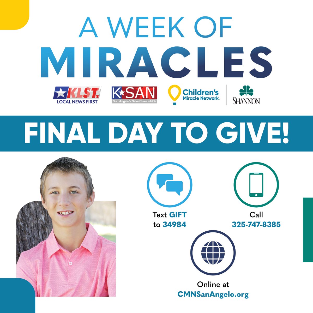 ShannonMedical's tweet photo. TODAY is the FINAL day of Week of Miracles!
Your donation matters💛
💬 Text GIFT to 34984
☎️ Call 325-747-8385
🌐 Visit https://t.co/f1zFJtwrWP
#WeekofMiracles https://t.co/3LTUJAFgsD