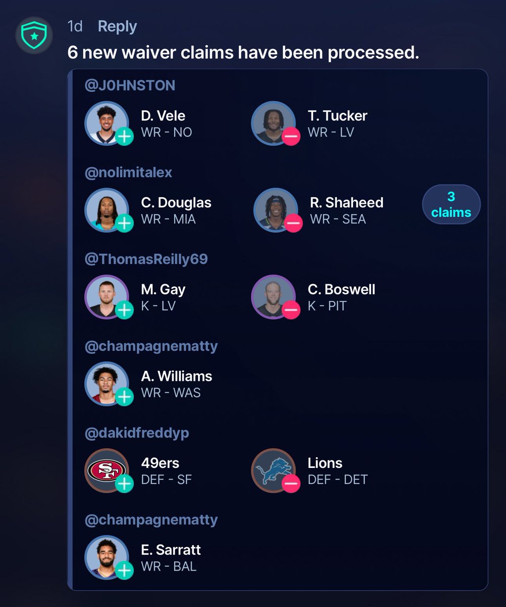 FantasyGoonsFFL's tweet photo. The following last claims and moves were processed over the past two days… 👀 https://t.co/ExWtSpxyTV