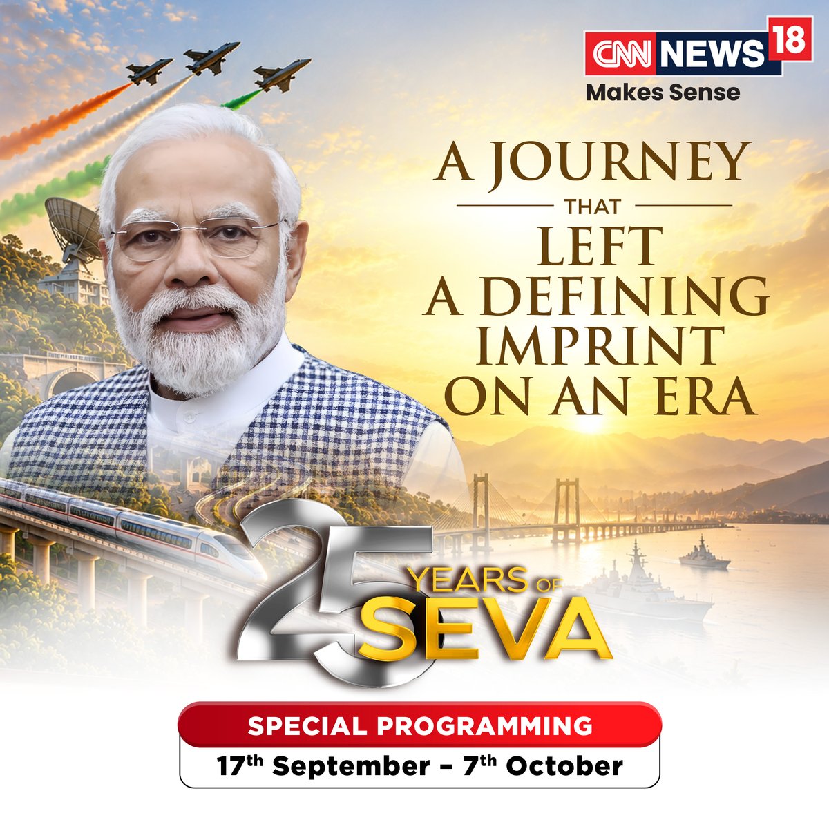 CNNnews18's tweet photo. From Gujarat to the national stage, 25 years have brought moments of change, challenge and transformation. CNN-News18 looks back at PM Modi's incredible journey with its special programming, 25 Years of Seva.

#CNNNews18 #MakesSense #PMofIndia https://t.co/ehEXILgCgy
