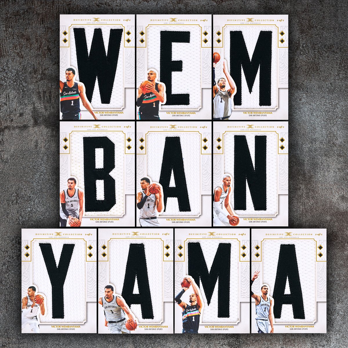 Topps's tweet photo. Victor Wembanyama's entire game-used nameplate went inside trading cards 👽 https://t.co/y9TfRFjR60