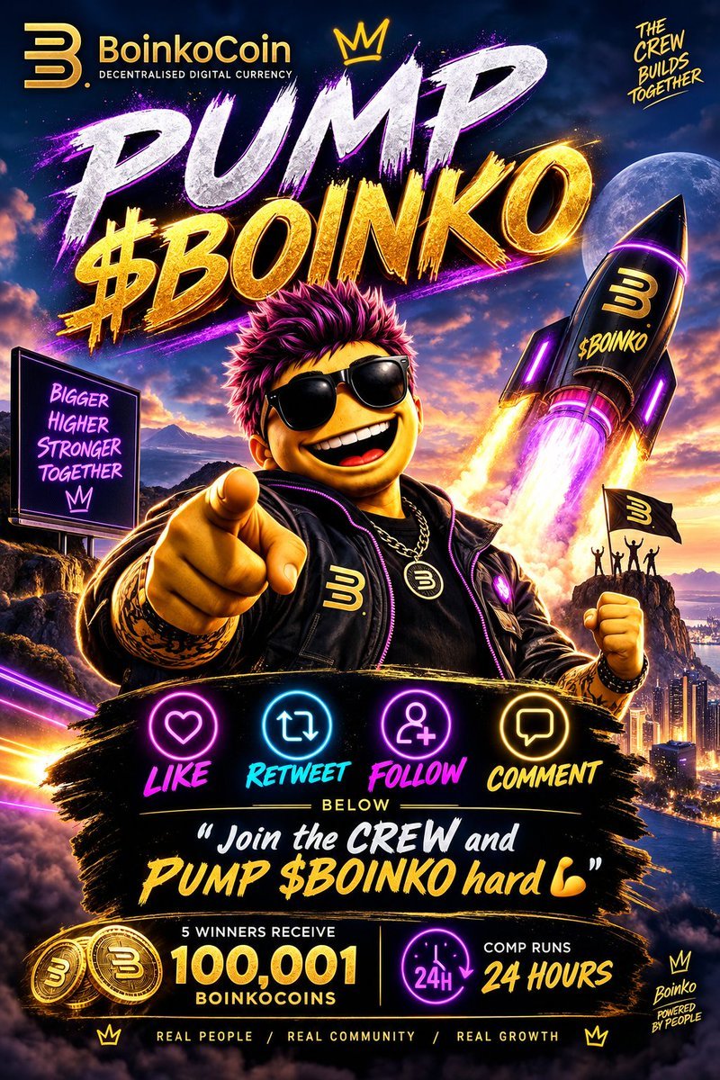 BoinkoCoin's tweet photo. 🚀 PUMP solana:8SZph686h1Rpv2xoez7LeFnR4jNm6DxxnFb6MWhRpump 🚀

The CREW is assembling. Bigger. Better. Stronger. Together 

To enter:
❤️ LIKE
🔁 RETWEET
➕ FOLLOW
💬 COMMENT: “Join the CREW and PUMP solana:8SZph686h1Rpv2xoez7LeFnR4jNm6DxxnFb6MWhRpump hard 💪🏼 ”

5 winners receive 100,001 solana:8SZph686h1Rpv2xoez7LeFnR4jNm6DxxnFb6MWhRpump each

⏰ Comp runs 24 Hrs

Real people. Real community. Real growth.