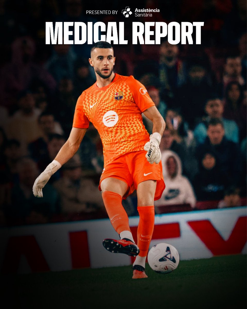 FCBarcelona's tweet photo. First team player Joan Garcia is experiencing mild discomfort in his right knee. His evolution will determine his return. https://t.co/oI6IJiK62i
