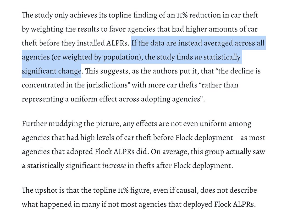 pjaicomo's tweet photo. Flock and mass-surveillance supporters have been flogging a paper they claim shows Flock is responsible for a reduction in car thefts and an increase in clearance rates.

But as my @IJ colleagues explain, the paper doesn't show ALPRs caused those things in any meaningful way. https://t.co/LmSweM2Cxd