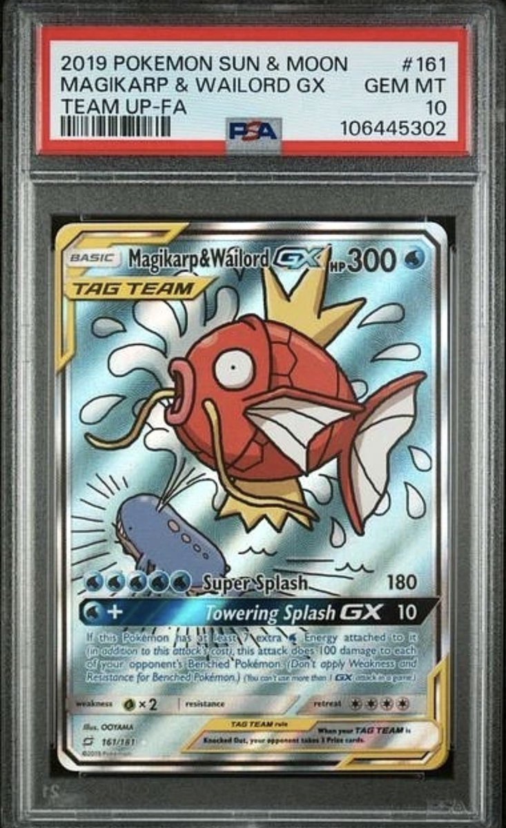 KabutoKing_'s tweet photo. 1999 Base set 1st edition Magikarp
$3200 - PSA 10 pop 262 - 13% gem rate

2019 Sun & Moon Team Up Magikarp
$4100 - PSA 10 pop 2280 - 51% gem rate

Someone please explain to me how/why the Magikarp that is 20 years older, 10x rarer, and 4x harder to gem is cheaper.

This is why I believe base set is discounted relative to the rest of the market.
