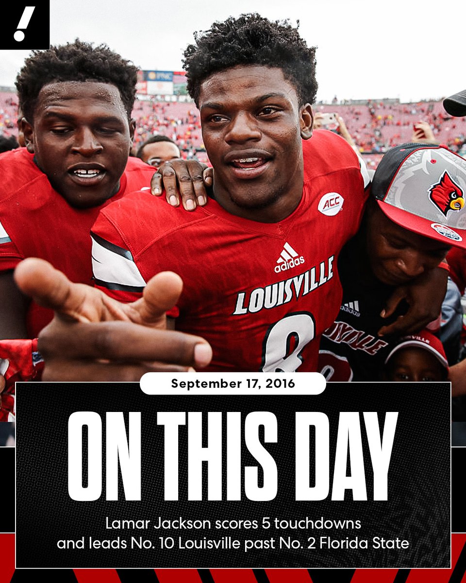 YahooSports's tweet photo. 10 years ago today, Lamar Jackson put the country on notice by leading No. 10 Louisville to a historic win over No. 2 Florida State on his way to winning the Heisman. https://t.co/tfxSbb8Vzp