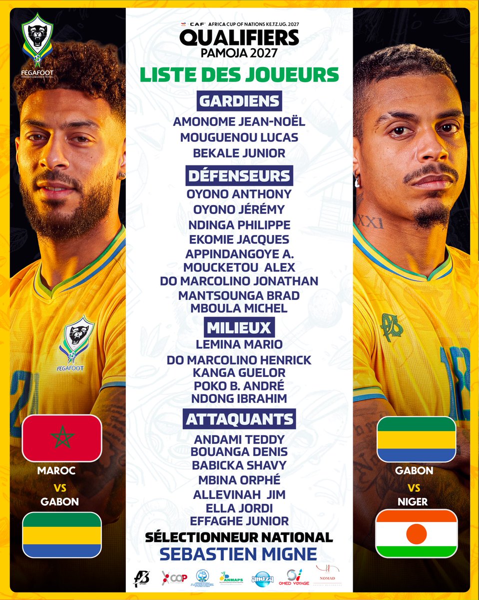 fegafoot_gabon's tweet photo. 📋 LES CONVOQUÉS 

#FEGAFOOT #GABON https://t.co/UYjpZJ8Kct