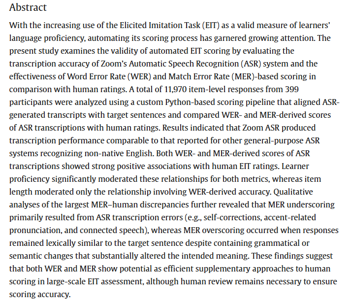 RMALJournal's tweet photo. New article: 
Ku, Y. (2026). Automated EIT scoring using Zoom ASR: Evidence from WER and MER with implications for GenAI-supported language assessment. Research Methods in Applied Linguistics, 5(3), 100369: https://t.co/2MKgkONTfk https://t.co/KhLiwy9FX6