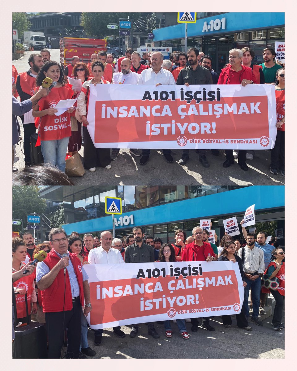 sosyalissendika's tweet photo. A101 işçisi insanca yaşamak istiyor!

🛒 Çalışanlarına bir sandalyeyi bile çok gören, içtiğimiz suyun parasını isteyen A101’in Genel Müdürlüğü önünde basın açıklaması düzenleyerek haksızlıklara, mobbinge ve insanlık dışı koşullara karşı mücadele çağrımızı yükselttik.

📢 “Bugün A101 Genel Müdürlüğü’nün önündeyiz. Buraya bir ziyaret için gelmedik. Bir rica ile gelmedik. Bir lütuf istemeye gelmedik. Hakkımız olanı almaya geldik. A101'in mağazalarında çalışan binlerce emekçinin sesi olmak için buradayız.”

“Bir işçinin içeceği su nasıl olur da şirket hesabında maliyet kalemi haline gelir? İşçinin suyu üzerinden tasarruf olmaz. İşçinin susuzluğu üzerinden kâr hesabı yapılmaz. Su hakkımız ve alacağız!”

“İşçi neden oturamıyor? Neden saatlerce ayakta durmak zorunda? Neden işçinin birkaç dakika dinlenmesi problem? Neden işçinin bedeni, mağazanın vitrini kadar önemli görülmüyor?”

“Son dönemde market çalışanlarını hedef alan linç gör��ntülerini ve sosyal medya kampanyalarını da görüyoruz. Bir kasiyer hedef gösteriliyor. Bir mağaza çalışanı kameraya alınıyor. A101 yönetiminin yaptığı hatalar bütün market emekçilerine mal ediliyor. İşçi ile müşteri karşı karşıya getiriliyor.”

“A101 işçileri haklarına kavuşana kadar, biz bu mücadelenin peşini bırakmayacağız. Bugün buradayız. Yarın daha kalabalık olacağız. Daha sonra daha örgütlü olacağız. Geliyoruz. Duyduğunuz A101 işçilerinin ayak sesleri. Çünkü A101 işçileri geliyor.”

🔴 Eylemimize katılarak destek veren DİSK’e bağlı Birleşik Metal-İş Genel Başkanı Özkan Atar ve Dev Yapı-İş Genel Başkanı Özgür Karabulut ile sendika temsilcilerine; DEM Parti Milletvekili Cengiz Çiçek ile siyasi parti temsilcileri ve demokratik kitle örgütlerine teşekkür ederiz.

💫 Bu daha başlangıç, A101’de işçi düşmanı düzeni değiştireceğiz!