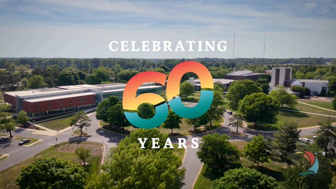drone photo of the Chesapeake College Wye Mills campus with overlay "Celebrating 60 Years"