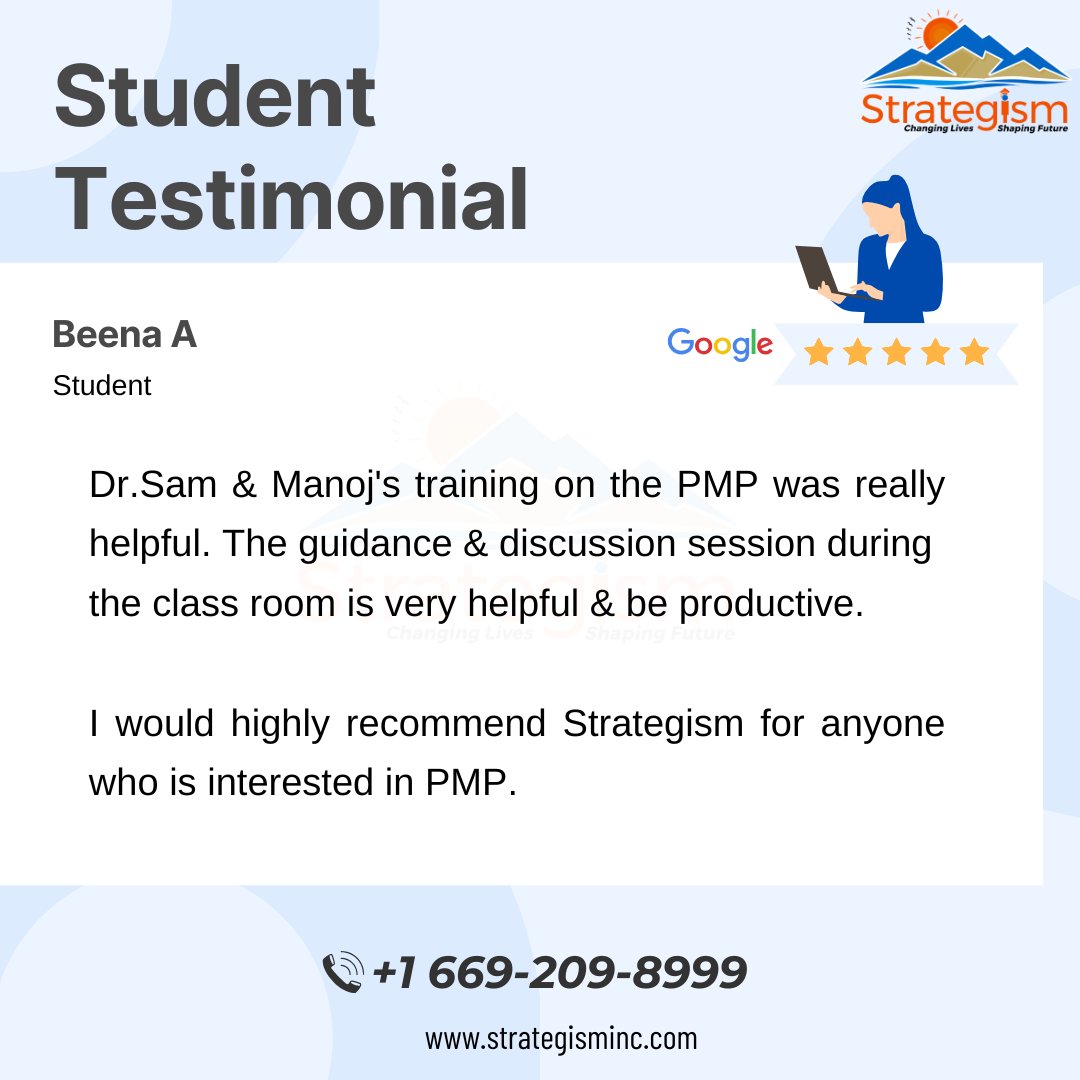 drsamswapnorg's tweet photo. β¨ Real voices, real success!
Weβre grateful to Beena A for her βββββ review of Dr. Sam & Manojβs PMP training.
Her words reflect the productive guidance and engaging discussions that make Strategism stand out.
#Strategism #PMPTraining #StudentSuccess #DrSam #OnlineTraining https://t.co/c2OaUbgdcn