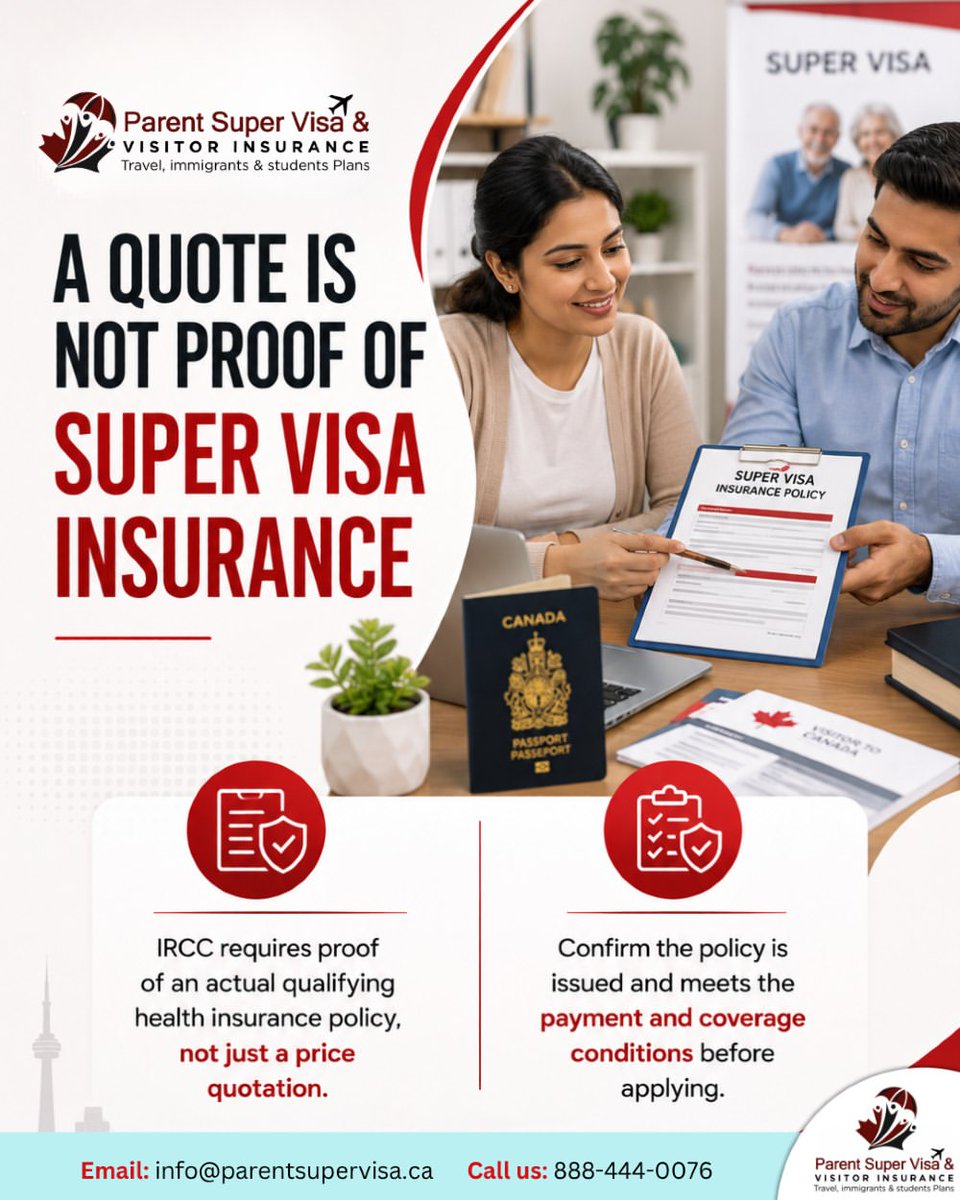 parentsupervisa's tweet photo. A Super Visa file needs evidence of qualifying health insurance, not merely an estimated premium.
The policy should be properly issued and the applicable coverage and payment requirements.
#canadahealthinsurance #supervisainsurance #parenttravelcanada #medicalcoveragecanada https://t.co/2Yn60wEapR