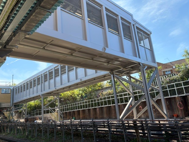 Northolt station, showing the new step-free access bridge and lifts.
