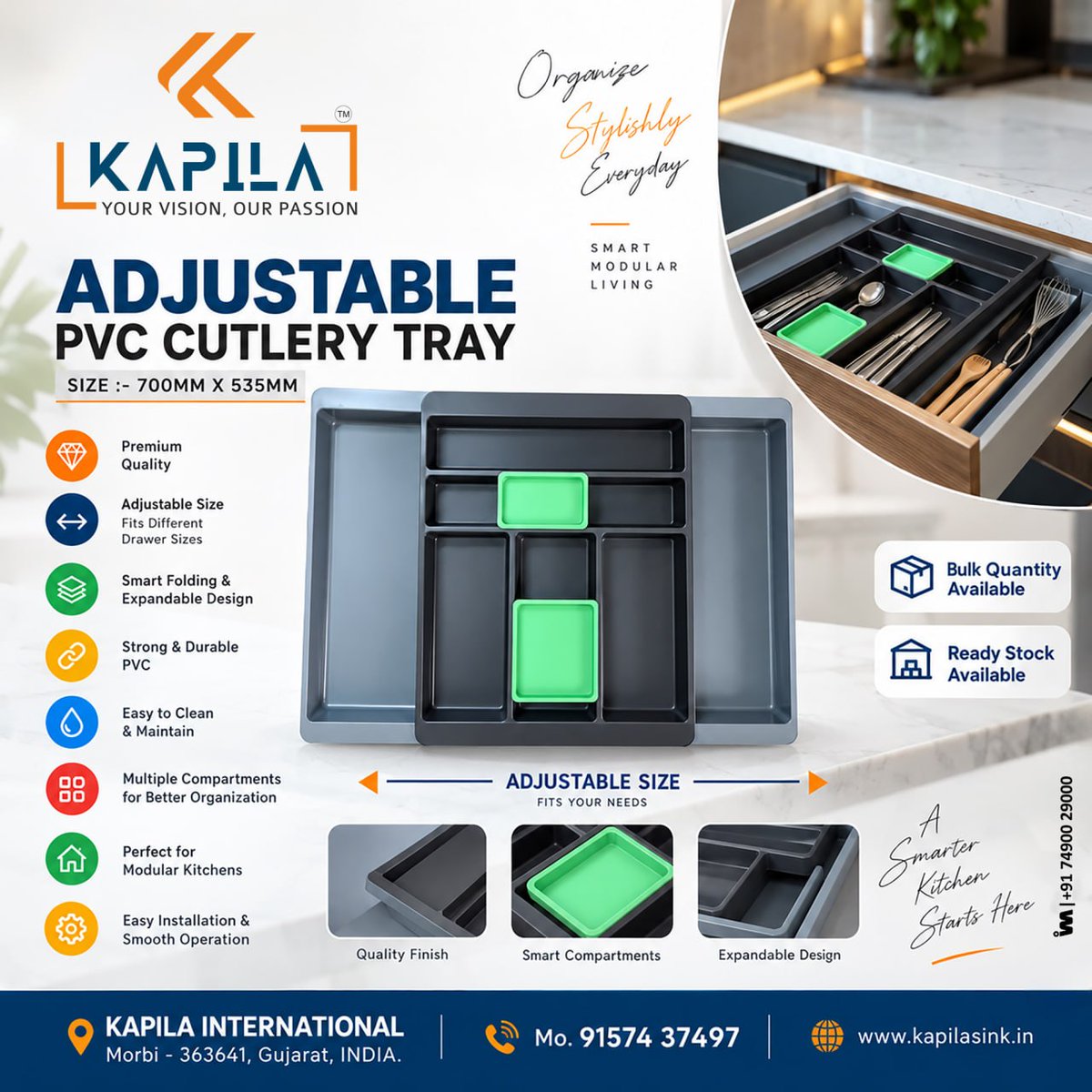 ibais_hardware's tweet photo. KAPILA INTERNATIONAL | Morbi π’
ADJUSTABLE PVC CUTLERY TRAY
Mr. Prakash Dabhi - +91 91574 37497
WhatsApp: https://t.co/NDFb5pAvms
.
#AdjustableCutleryTray #PVCCutleryTray #CutleryTray #KitchenHardware #ModularKitchen #FurnitureHardware #ArchitecturalHardware #MorbiHardware https://t.co/fEdKrRsf9x