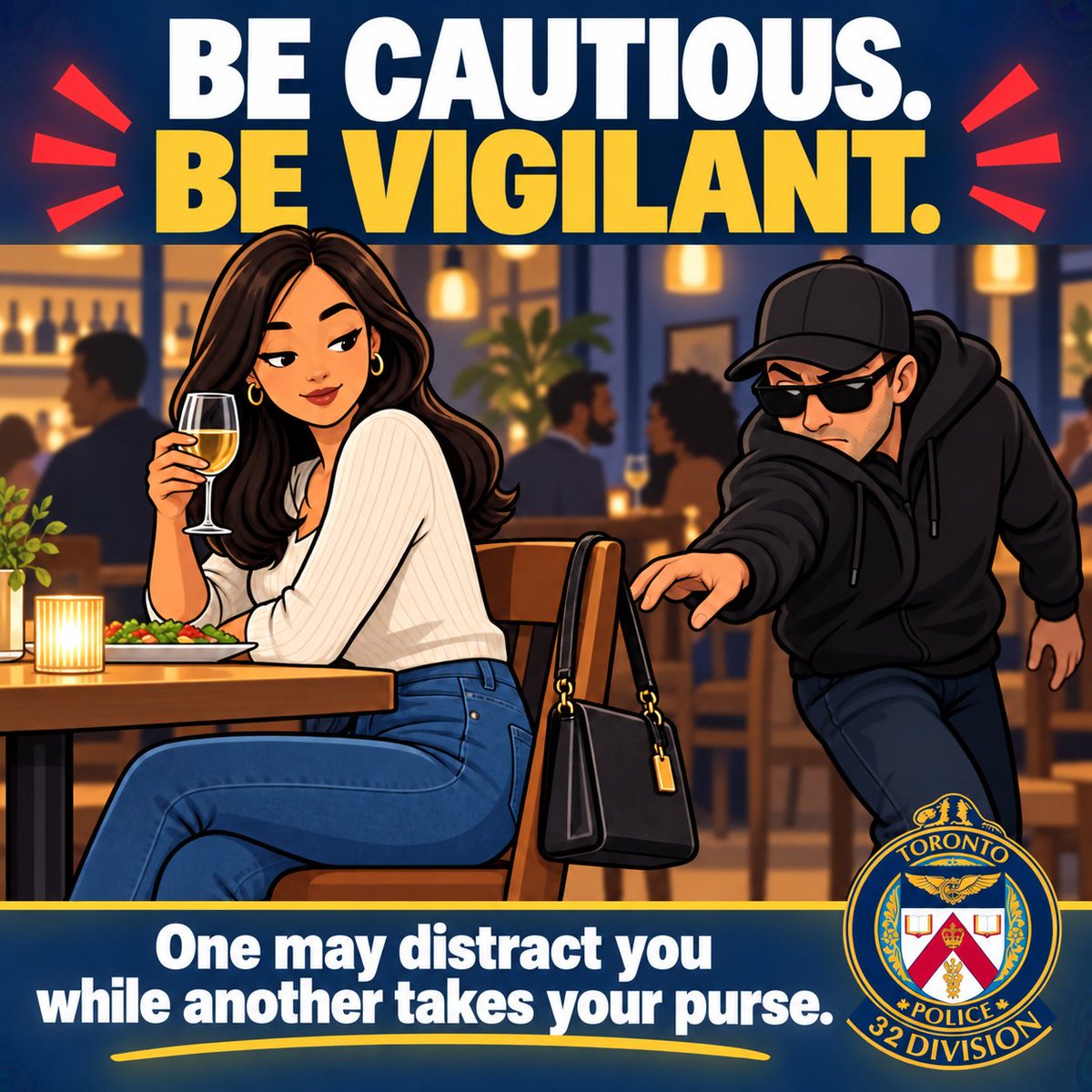 TPS32Div's tweet photo. Be cautious. Be vigilant.

Recent purse/wallet thefts have occurred at local bars and restaurants. One person may distract you while another takes your purse.

Keep your belongings close and in sight.

#TorontoPolice #32Division #TheftPrevention https://t.co/l0Fx5O4sgn