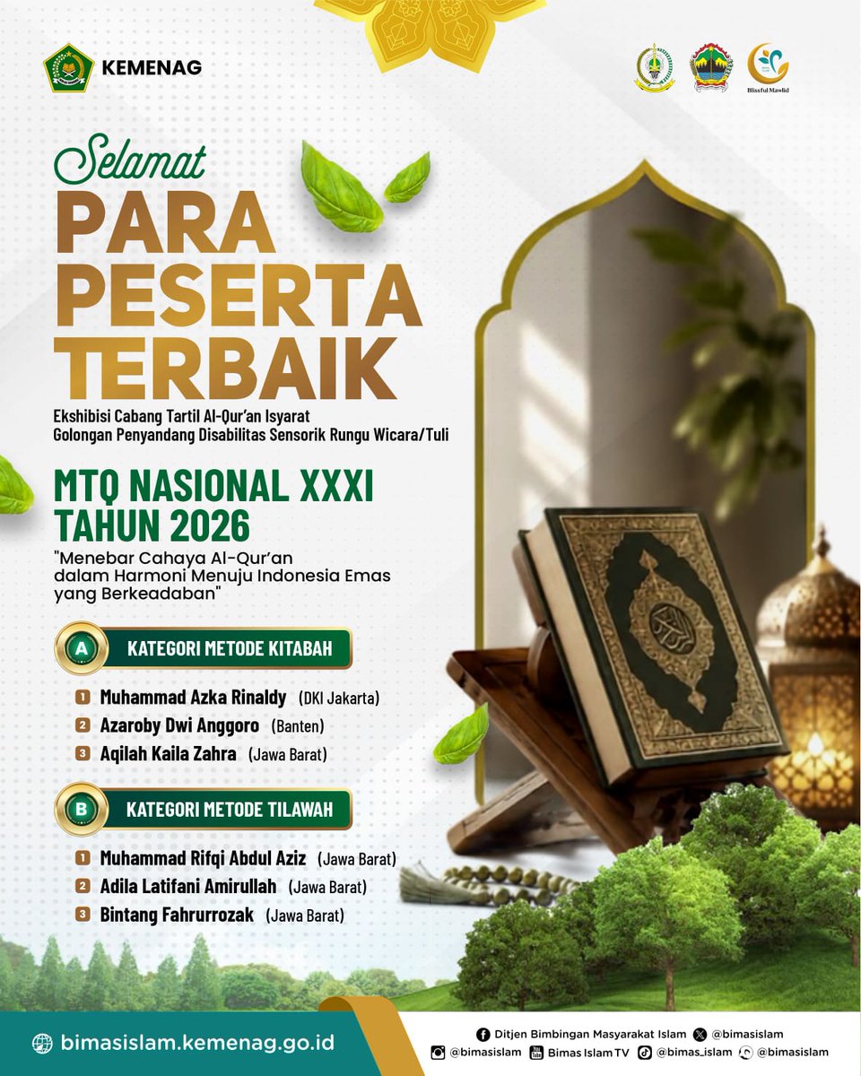 Carlo26m's tweet photo. Bukan sekadar lomba, tapi syiar inklusif. Apresiasi untuk peserta terbaik Tartil Al-Qur'an Isyarat di Musabaqah Tilawatil Quran. #MTQ #CabangDisabilitasMTQ #TartilAlquranIsyarat #DampakEkonomiMTQ https://t.co/j5dUECUaAi