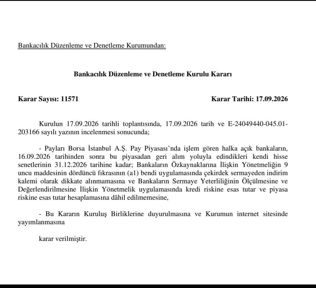RengoBorsa's tweet photo. BDDK'dan da likidite krizi ile ilgili adım geldi;

BDDK, halka açık bankaların 16.09.2026'dan sonra borsadan geri aldıkları kendi hisselerini 31.12.2026'ya kadar çekirdek sermayeden düşülecek kalem saymayacak; ayrıca bu hisseleri kredi riski ve piyasa riski hesaplamalarına da dahil etmeyecek. Yani bir banka piyasadan kendi hissesini geri alırsa, bu işlem sermaye yeterliliği oranını normalde olduğu gibi aşındırmayacak.