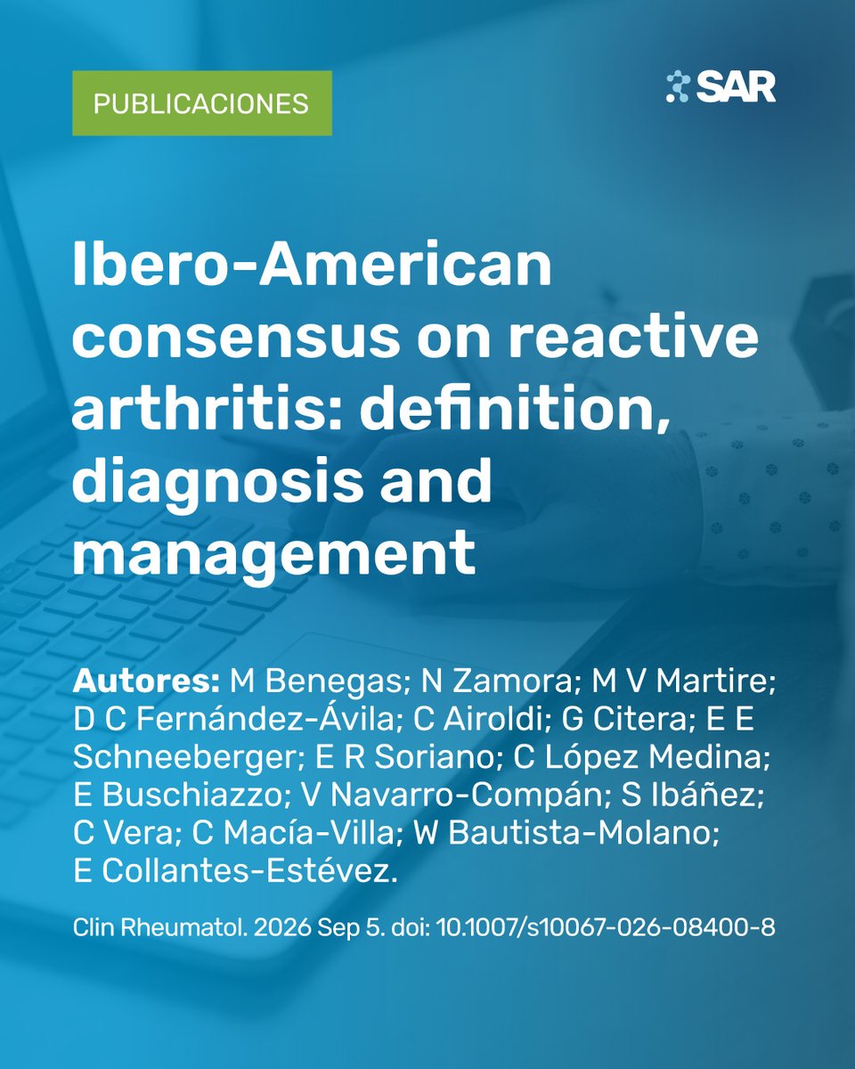 ComunidadSar's tweet photo. Ibero-American consensus on reactive arthritis: definition, diagnosis and management

👉 Acceso al artículo:
https://t.co/M1EYH2RoGk

Compartí tus publicaciones:
https://t.co/pBkupWwZGY o link en bio.

#SAR #Reumatología #Publicaciones #PublicacionesCientificas https://t.co/NIjuhu5To6