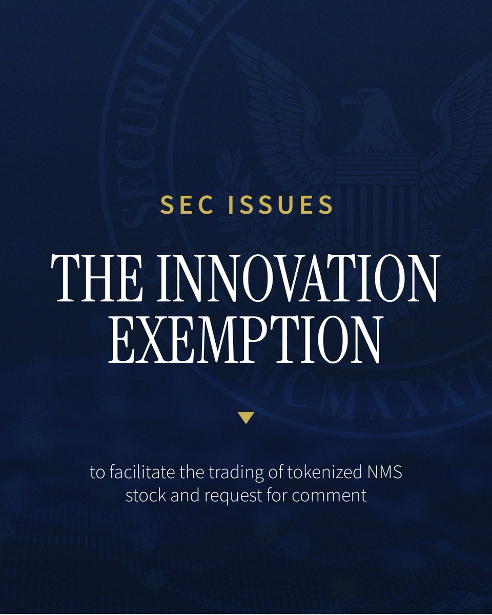 SECGov's tweet photo. 🚨 TODAY: The SEC issued an order granting temporary, conditional exemptive relief to Tokenized Securities Venues from the definition of “exchange” in the Exchange Act to trade tokenized NMS stock using innovative permissioned automated market makers and liquidity pools. https://t.co/VDi7Oty2d9