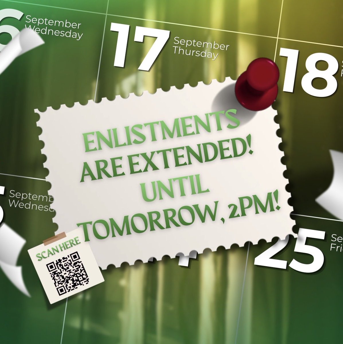 DLSUSHS_Koro's tweet photo. 📣 ENLISTMENTS ARE EXTENDED!

Enlistments are extended until tomorrow at 2:00 PM! ⏰

Don’t miss your chance to join Koro Lasalyano! 💚

🔗 https://t.co/i0zAW1uD4o
🔗 https://t.co/i0zAW1uD4o

#KoroEnlistments #Koro11thYear #KantaNaKoro #KoroLasalyanoManila https://t.co/qYh3aXByFj