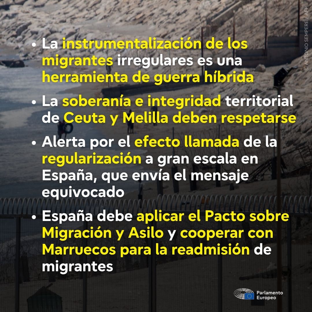 Europarl_ES's tweet photo. El Parlamento Europeo condena los cruces irregulares masivos a Ceuta y reclama más apoyo de la Unión Europea, cooperación con Marruecos y el retorno de quienes no tienen derecho a permanecer en territorio comunitario.

Nota de prensa: https://t.co/fYT1KAxUmr https://t.co/b84BWLutIB