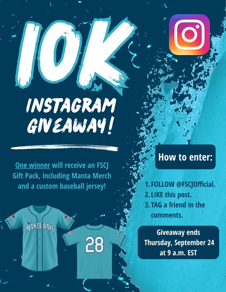 FSCJ_Official's tweet photo. Happy National Manta Ray Day! What better way to recognize the day than by celebrating our 10,000 followers on Instagram?! You helped us reach this milestone, and now it’s time for a GIVEAWAY.

Here's how to enter:
1. On Instagram, follow @FSCJOfficial
2. Find and like the 10K Giveaway post 
3. Tag a friend in the comments 

Giveaway ends Thursday, September 24 at 9 a.m. EST #FscjMantas