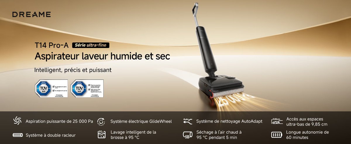 UX_Tech_FR's tweet photo. Le nouveau Dreame T14 Pro est désormais disponible en France et mise sur un format compact et intelligent !
🛒 Lien : https://t.co/NTNKswz2Bn

💨 25 000 Pa | 🧠 Détection intelligente de la saleté | 🏠 Jusqu’à 200 m² | 🔋 Jusqu’à 60 min | 🛞 GlideWheel | ✂️ TangleCut 2.0 | 🧼 Auto-nettoyage et séchage à 95°C | ↔️ Inclinaison à 180°

#Dreame #T14Pro #AspirateurLaveur #SmartHome #Maison #UxTech