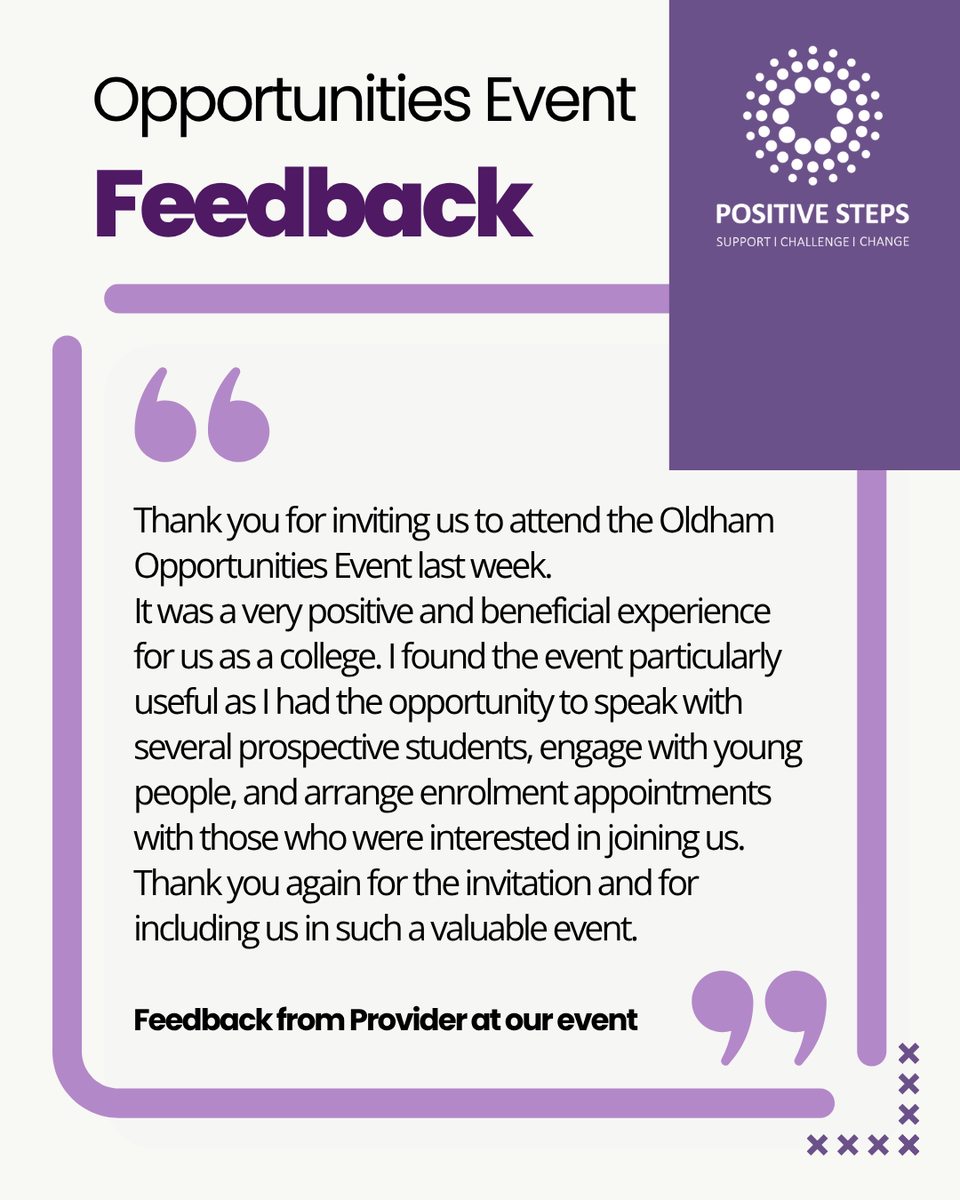 PositiveSteps's tweet photo. Some amazing feedback from one of the providers who attended our Oldham Opportunities Event! 🌟

@hopwoodhall @OldhamCollege @KingsTrust https://t.co/eQ1fqQFQod