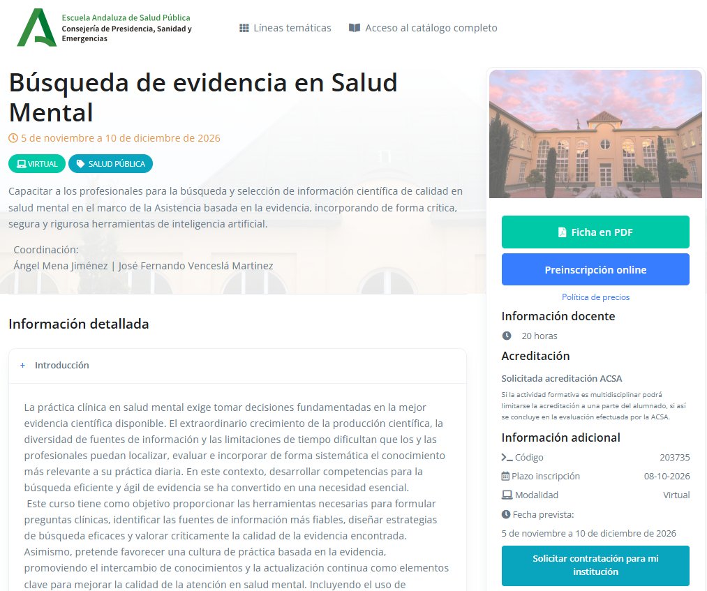them3ntalhub's tweet photo. 📚🧠 Formación en Búsqueda de evidencia en Salud Mental de la @EASPsalud
📅 5 nov–10 dic 2026
⏳ 20 h
💻 Modalidad virtual
📝 Inscripción hasta el 8/10/2026 https://t.co/vrX6bC12nh