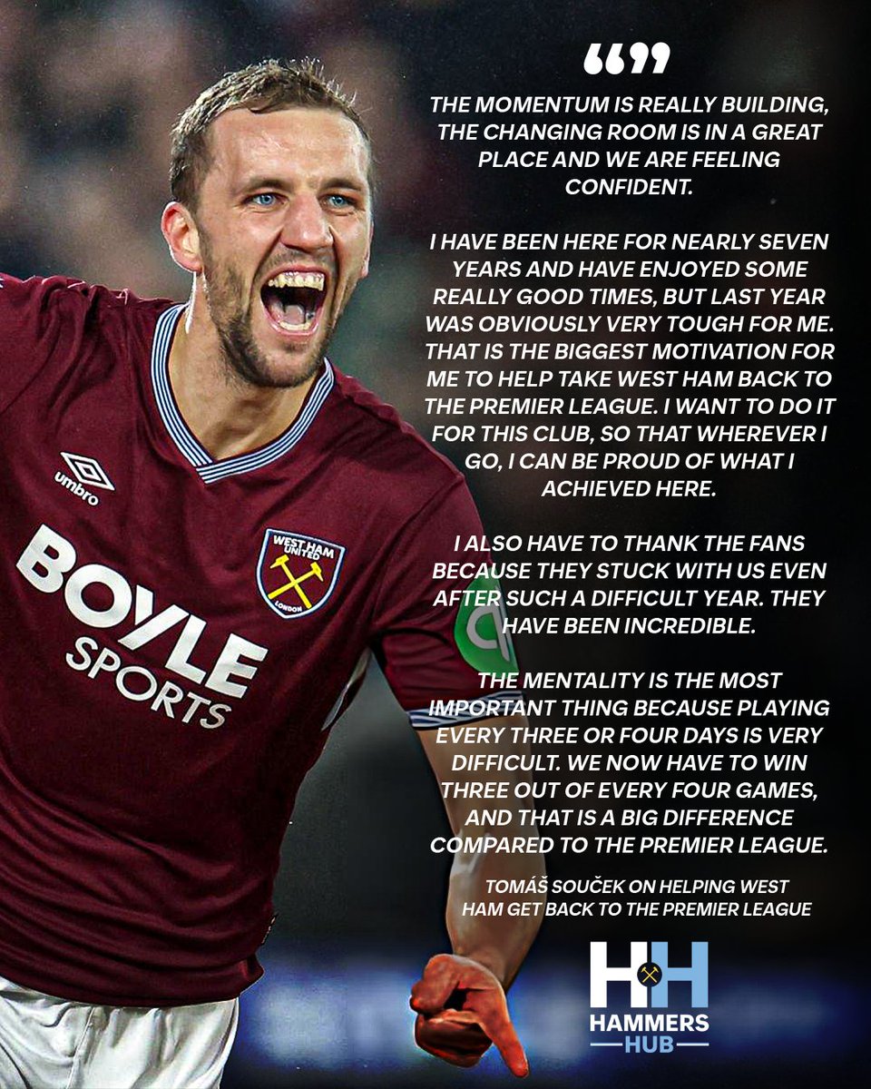 HammersHubWHUFC's tweet photo. “That is the biggest motivation for me, to help take West Ham back to the Premier League.” ❤️⚒️

As Tomáš Souček edges closer to his return from injury, the Czech midfielder has spoken about his determination to help put things right after relegation. https://t.co/o82mh969ua
