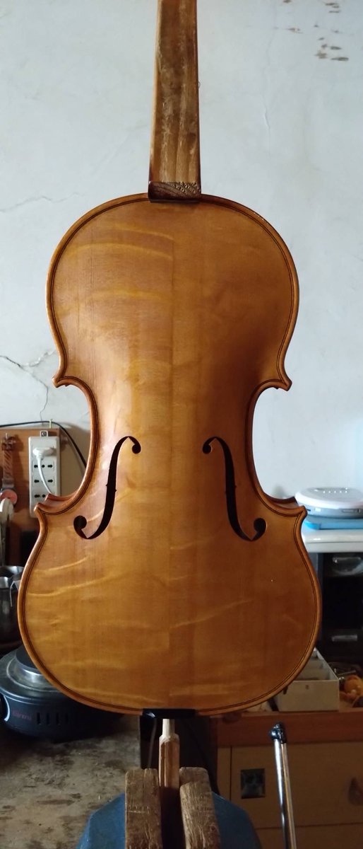 FUDEGAMI's tweet photo. フィレンツェの職人さんに作って頂いてるバイオリン、ニスが塗られ始め
木目や杢が非常に美しく
嬉しいのですが

先日ちょっとカリモク家具の偉い方とお会いする機会があり
この制作中のバイオリンの画像をお見せしたら、流石一目で楓など木材を当てられましたが
「ヨーロッパで貴重とされるこの木目の木材は、日本では『模様が気持ち悪い』とクレームの対象になるので、家具には使えず廃棄対象になる」と言われ
思わずデカ目の声で「そんな馬鹿な！？！？」と驚いてしまった

流石にカリモクでは廃棄せず、銘木として保管してるそうですが、使い道は無いので溜まる一方らしい
勿体ねえ〜〜〜
この模様がどんだけ貴重か
私の絵や額縁に使わせて欲しい

というか、この木目を「美しい」ではなく「気持ち悪い」とは
いつからそこまで感性が狂ったのか
無味乾燥なプラスチックとかが良いのかしら！？！？嘘でしょ？？