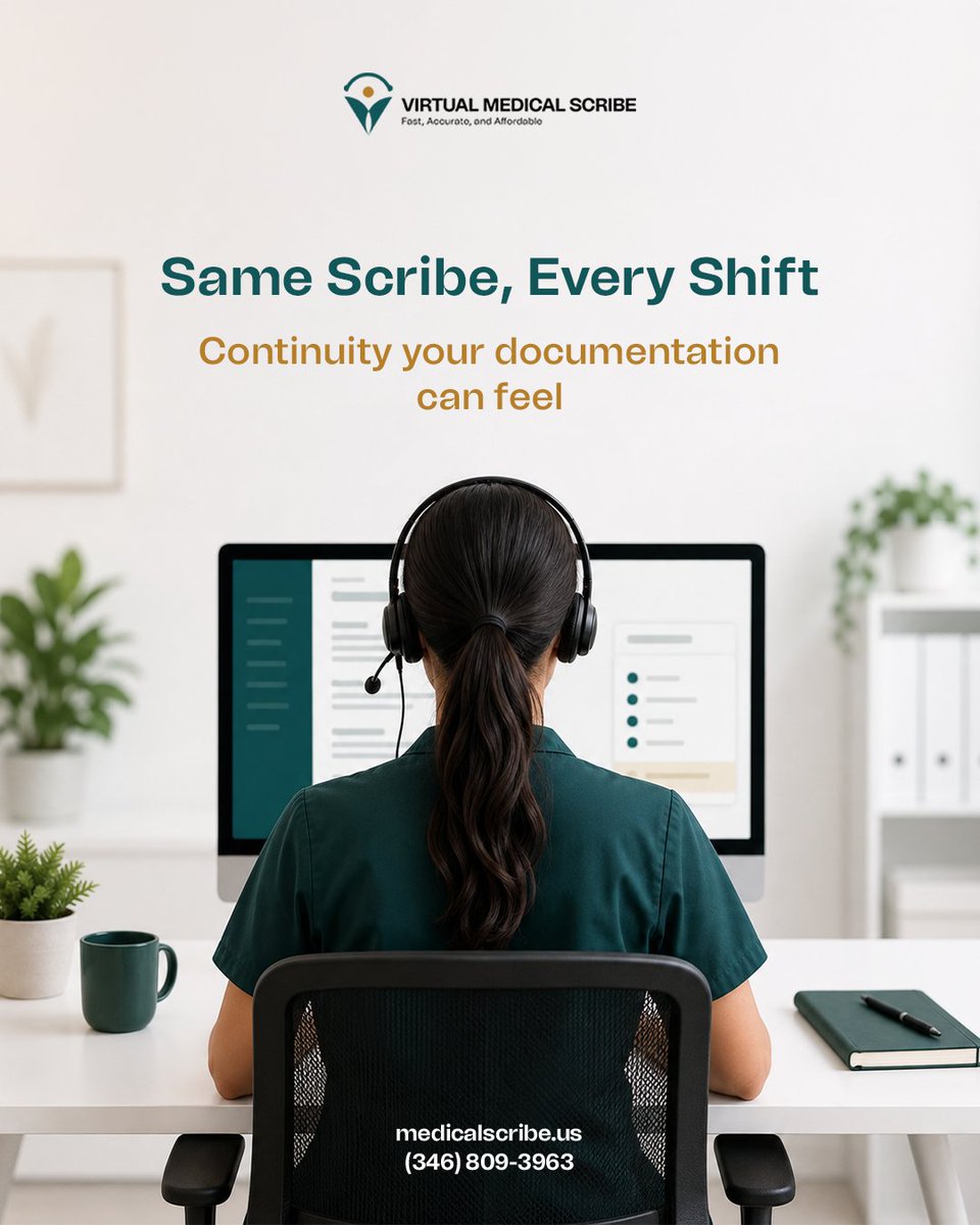 VMedicalScribe's tweet photo. A dedicated scribe works exclusively with your practice, shift after shift. No relearning your shorthand every week, just continuity that shows up in cleaner notes over time.

#DedicatedScribe #VirtualMedicalScribe #MedScribe #HealthcareStaffing #ContinuityOfCare https://t.co/5iJNW7W50L