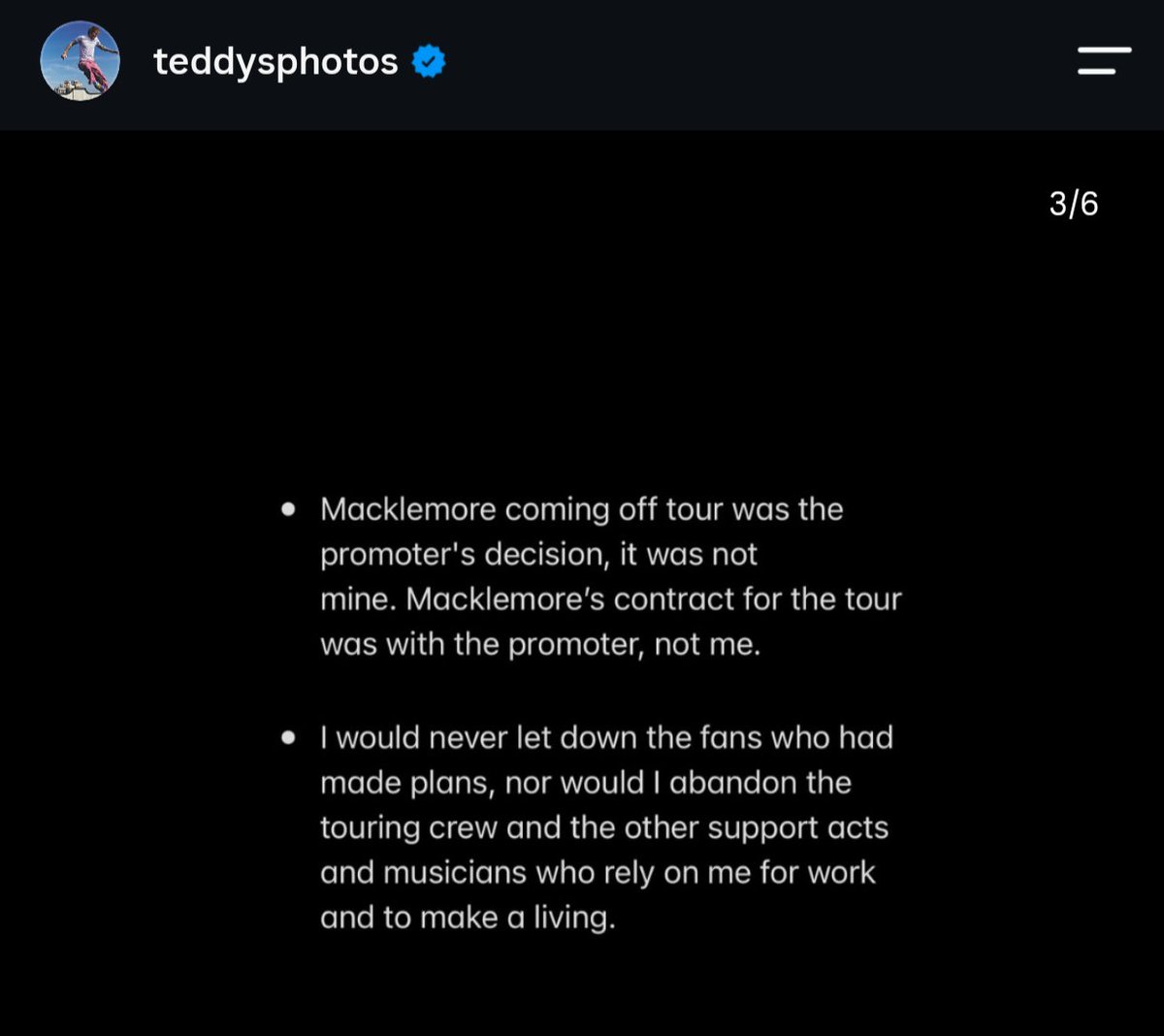 MeMarieOH's tweet photo. Ed Sheeran posted on Instagram 2 days ago, yet misinformation is still being spread. 

Ed stated the decision to drop Macklemore was not his. 

Ed explainedbwhy he doesn't turn his concerts into political rallies. 

Mostly unknown opening acts dropped out of the tour voluntarily. 

Politicians are boycotting the remaining tour dates and even his music in general. 

So those opening acts are missing out on playing to huge crowds, potentially gaining new fans. 

Politicians are advocating for the loss of work by stadium workers - security, concessions, janitorial, etc. (Everyday working people.) PLUS the loss of revenue from local hotels, restaurants, bars, etc. 

Because one opening act turned a stage that was not his into a activism opportunity and the headliner kept his political opinions to himself. 

I support Ed Sheeran. I support the thousands of workers across the tour who benefit from it. I believe Macklemore is free to use his platform to say whatever he wants, but it needs to be HIS platform.