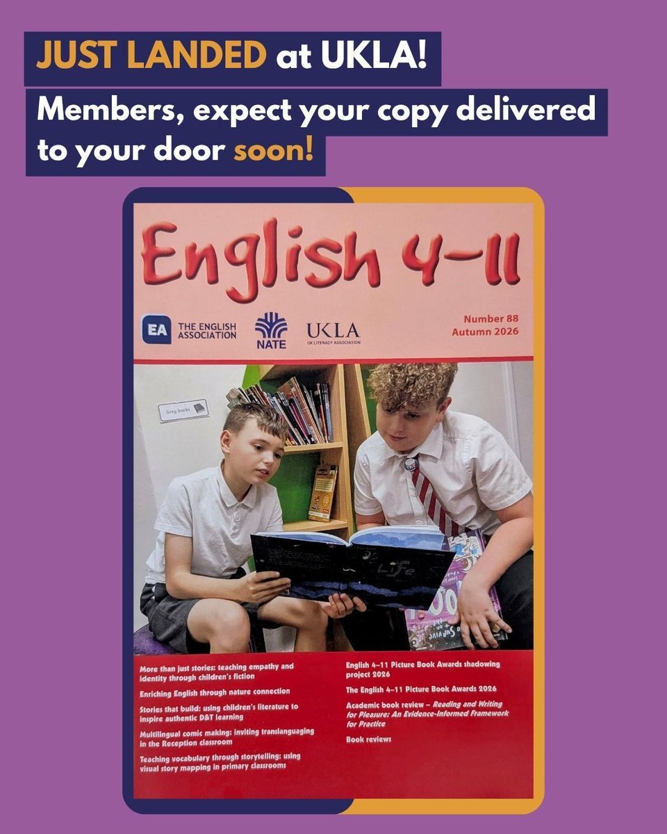 The_UKLA's tweet photo. The new issue of English 4-11 has just arrived at UKLA! Members, expect your copies delivered to your door soon. https://t.co/ZjJqHH0btn