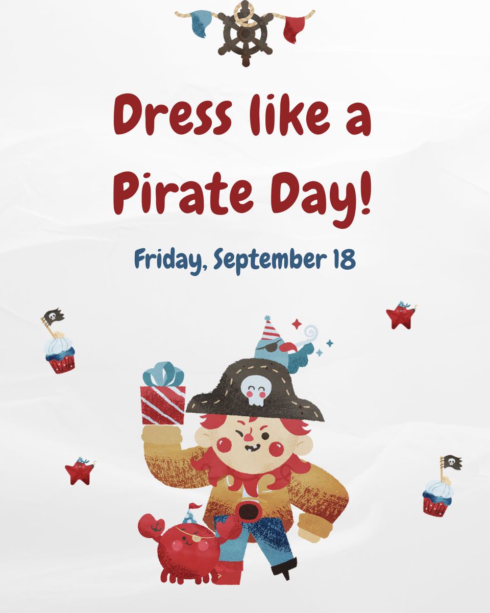 TeamRiverchase's tweet photo. Arrrrrgh!! It's Dress like a Pirate Day tomorrow!!! Bring out those eye patches for some fun on Friday, September 18! 👀 https://t.co/ztCAIvee3v