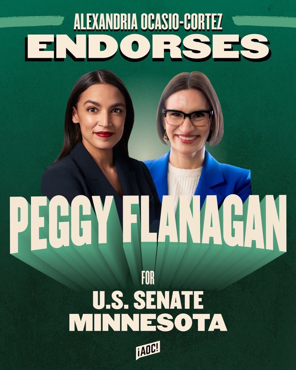 TeamAOC's tweet photo. .@AOC : “In a time of economic instability for working families, we must look to leaders that understand their pain. That’s why I’m proud to endorse Lt. Gov. of Minnesota Peggy Flanagan for U.S. Senate. Peggy will fight for working people in Minnesota to live dignified lives.” https://t.co/lE2ka9U6IJ