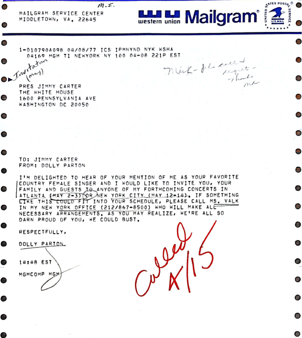 CarterLibrary's tweet photo. As her childhood was also spent in a rural farm environment, it's no wonder that Jimmy Carter counted Dolly Parton as his favorite female country singer. This mailgram in our collection shows Dolly's enthusiasm at this news. 🤠💜  #InternationalCountryMusicDay https://t.co/PG0fHpojFS