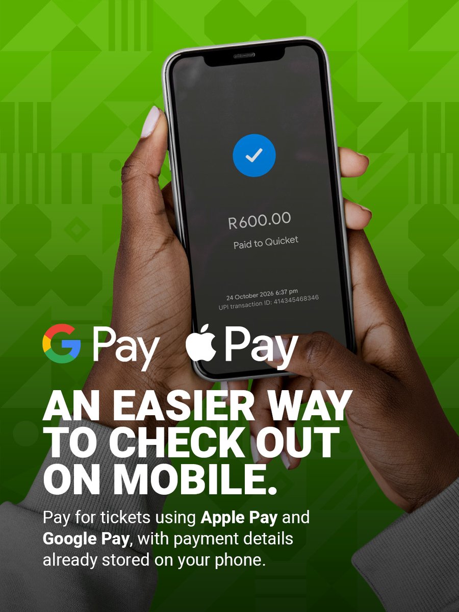 QuicketSA's tweet photo. Buying &amp; accessing tickets on Quicket just got easier!

🎟️ Apple Pay &amp; Google Pay
🎟️ Apple Wallet &amp; Google Wallet
🎟️ WhatsApp Ticket Delivery

More ways to pay, save, and share your tickets - straight from your phone. https://t.co/7cczDUaz4L