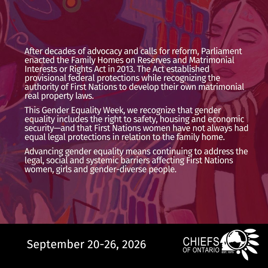ChiefsofOntario's tweet photo. This Gender Equality Week, we recognize that gender equality means ensuring that all women have security in their homes and economic lives; rights that were not always legally protected for women living on reserve.

#GenderEqualityWeek #GenderEquality https://t.co/2cb9zbKiAS