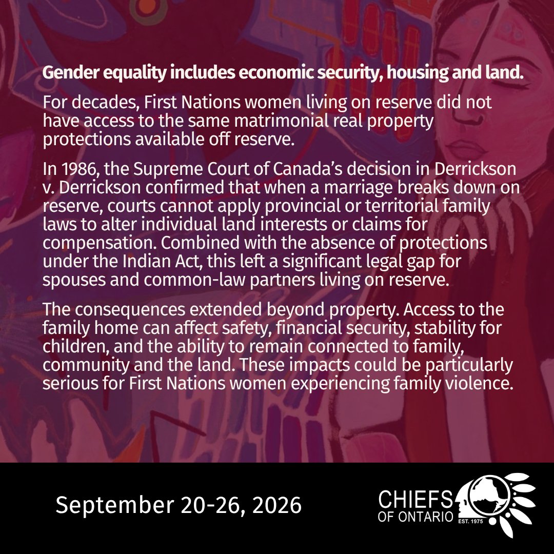 ChiefsofOntario's tweet photo. This Gender Equality Week, we recognize that gender equality means ensuring that all women have security in their homes and economic lives; rights that were not always legally protected for women living on reserve.

#GenderEqualityWeek #GenderEquality https://t.co/2cb9zbKiAS