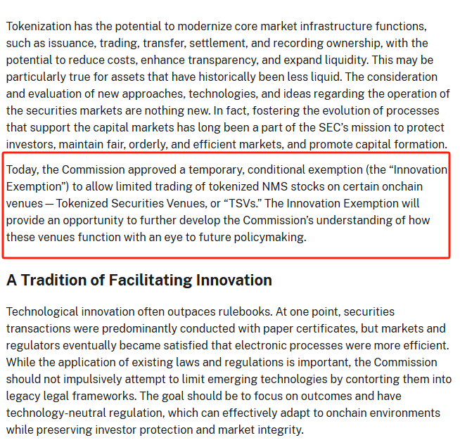 WuBlockchain's tweet photo. Just In: SEC Approves Innovation Exemption for Tokenized U.S. Stocks to Trade via Onchain AMMs

The U.S. Securities and Exchange Commission (SEC) announced that it has officially approved a temporary, conditional exemptive framework (the "Innovation Exemption") to allow limited pilot trading of tokenized National Market System (NMS) stocks on specific onchain platforms known as Tokenized Securities Venues (TSVs). The exemption provides temporary regulatory relief to TSVs, ensuring they are not immediately classified as "exchanges" under the Securities Exchange Act of 1934 when offering tokenized equities through permissioned automated market makers (AMMs) and liquidity pools, while also establishing clear guidelines for liquidity providers deploying proprietary capital for market-making support.